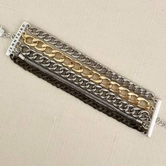 Jenny Bird Chunky Chain Austin Cuff Bracelet Mixed Metal Adjustable Length With - Picture 2 of 7